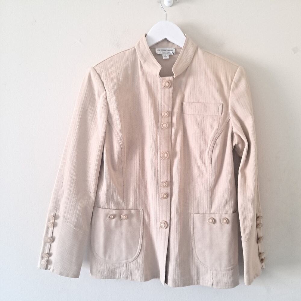 St. John Dark Cream Button Embellish High Neck Button Down Long Sleeve Jacket -S